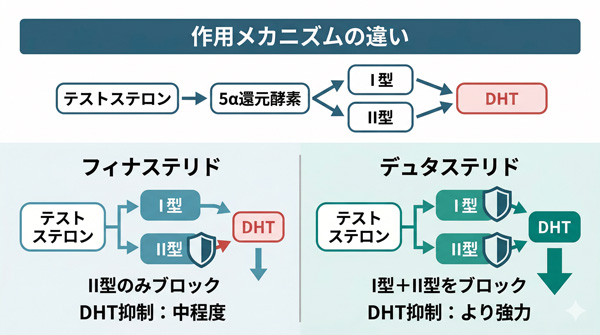 フィナステリドはII型のみ、デュタステリドはI型＋II型の5α還元酵素をブロック。DHT抑制力の違いを比較した作用メカニズム図