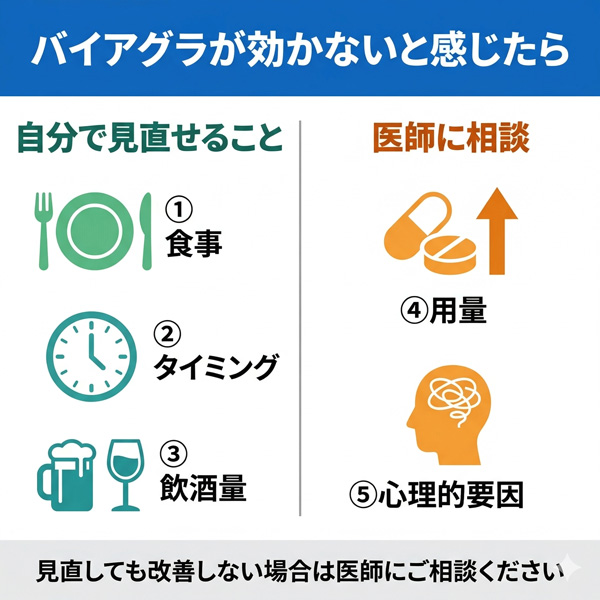 バイアグラが効かない5つの原因を「自分で見直せること（食事・タイミング・飲酒量）」と「医師に相談（用量・心理的要因）」の2カテゴリに分類した図解