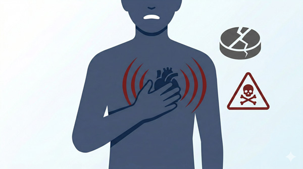 偽造医薬品による健康被害のイメージ。胸を押さえて苦しむ人物のシルエットと、ひび割れた錠剤・警告アイコンが描かれている。