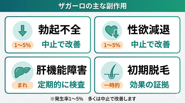 ザガーロの主な副作用4つ（勃起不全・性欲減退・肝機能障害・初期脱毛）の発生頻度と対処法を一覧で図解