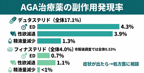 AGA治療薬の副作用発現率。デュタステリドはED 4.3%・性欲減退3.9%、フィナステリドはED 0.7%・性欲減退1.1%（国内臨床試験データ）