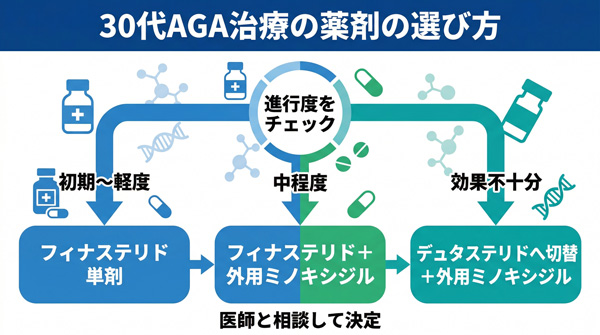 30代AGA治療の薬剤の選び方。初期〜軽度はフィナステリド単剤、中程度はフィナステリド＋外用ミノキシジル、効果不十分ならデュタステリドへ切替＋外用ミノキシジル