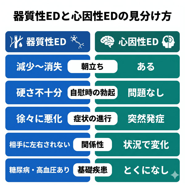 器質性EDと心因性EDの5つの見分け方（朝立ち・自慰時の勃起・症状の進行・関係性による変化・基礎疾患の有無）を対比した比較表