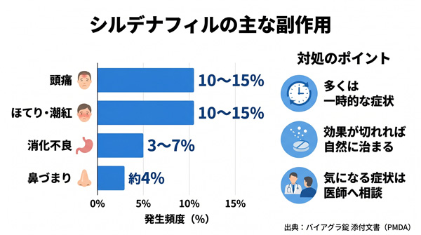 器質性EDの治療薬シルデナフィルの主な副作用4項目と対処法（頭痛10〜15%・ほてり10〜15%・消化不良3〜7%・鼻づまり約4%）を示した図解