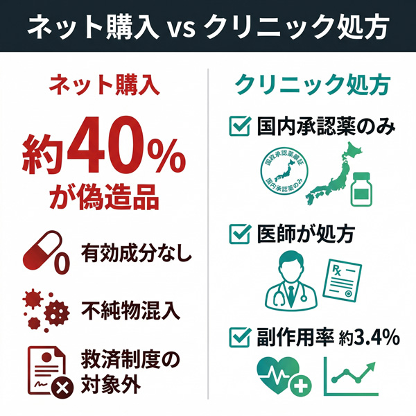 ネット購入のED治療薬は約40%が偽造品で救済制度の対象外、クリニック処方なら国内承認薬で副作用率約3.4%