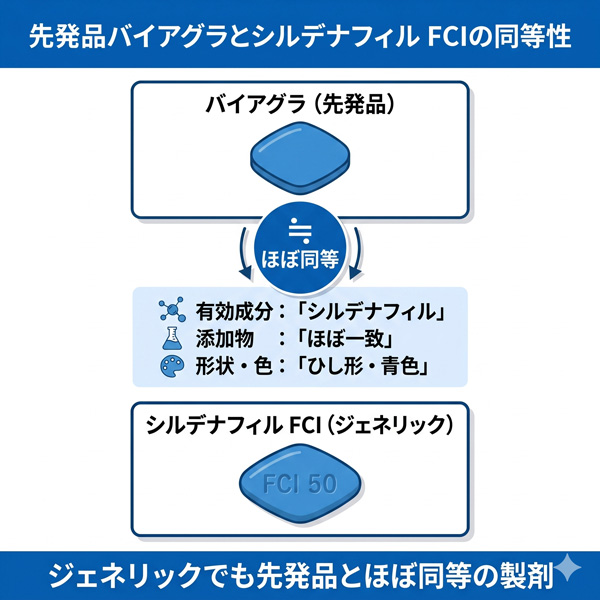 シルデナフィル FCIは先発品バイアグラと有効成分・添加物・形状・色までほぼ一致した国内承認のジェネリック医薬品