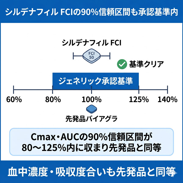 シルデナフィル FCIの90%信頼区間が承認基準80〜125%内に収まり、先発品バイアグラと血中濃度・吸収度合いがほぼ同等