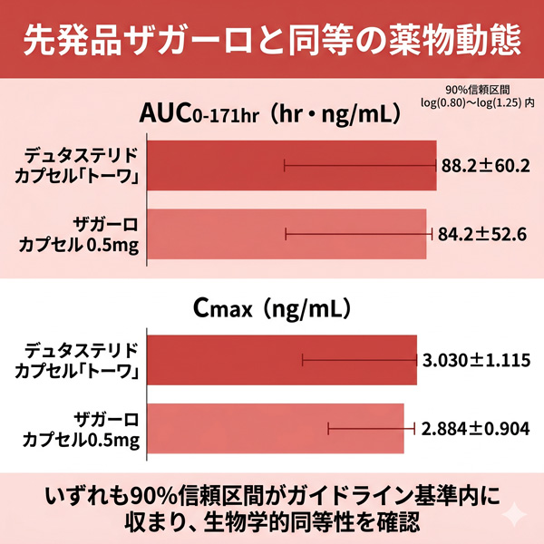 デュタステリドカプセル0.5mgZA「トーワ」と先発品ザガーロカプセル0.5mgの生物学的同等性試験データ比較。AUC・Cmaxとも90%信頼区間がガイドライン基準内に収まり、薬物動態が同等