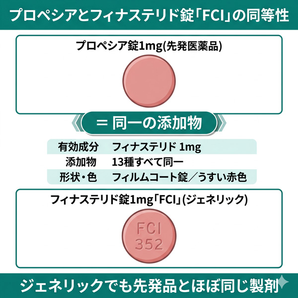 プロペシア錠1mgとフィナステリド錠1mg「FCI」の同等性。有効成分・添加物13種・形状色まで先発品と一致