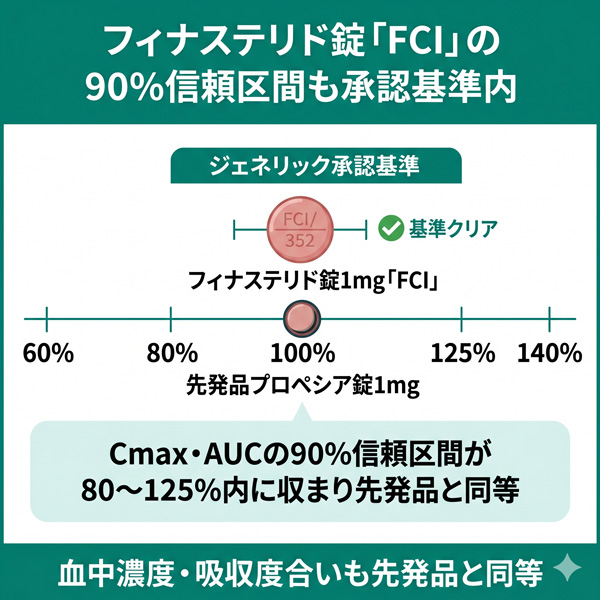 フィナステリド錠1mg「FCI」の90%信頼区間は承認基準80〜125%内、先発品プロペシアと同等