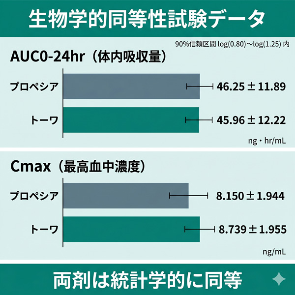 フィナステリド錠1mg「トーワ」とプロペシアの生物学的同等性試験データ（AUC・Cmax）の比較グラフ