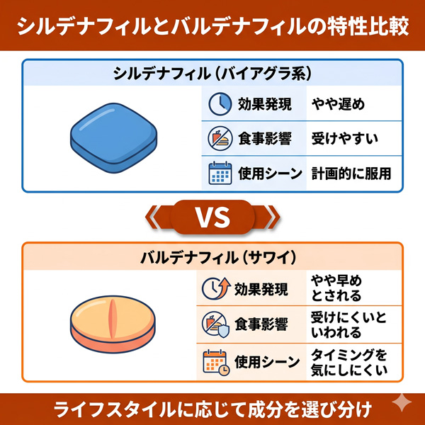 シルデナフィル（バイアグラ系）とバルデナフィル錠「サワイ」の特性比較。シルデナフィルは効果発現がやや遅めで食事の影響を受けやすく計画的な服用向き、バルデナフィルは効果発現がやや早めで食事の影響を受けにくく、服用タイミングを気にしにくい