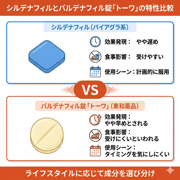 シルデナフィル（バイアグラ系）とバルデナフィル錠「トーワ」（東和薬品）の特性比較。シルデナフィルは効果発現がやや遅めで食事の影響を受けやすく計画的な服用向き、バルデナフィル錠「トーワ」は効果発現がやや早めとされ食事の影響を受けにくく、服用タイミングを気にしにくい